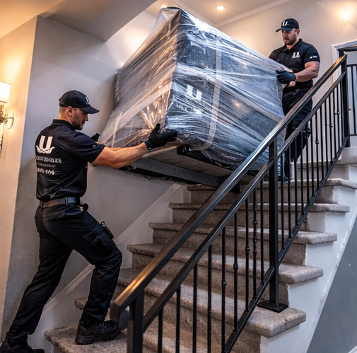 Movers carrying furniture upstairs
